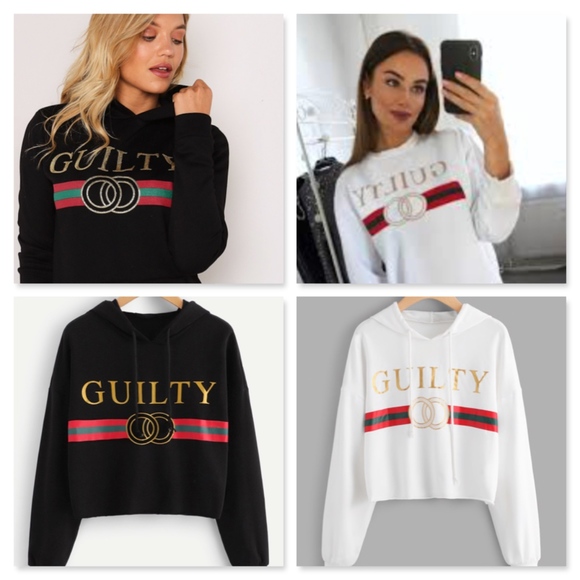 Rouge! Tops - Guilty Print Cropped Hoodie Sweatshirt White Black